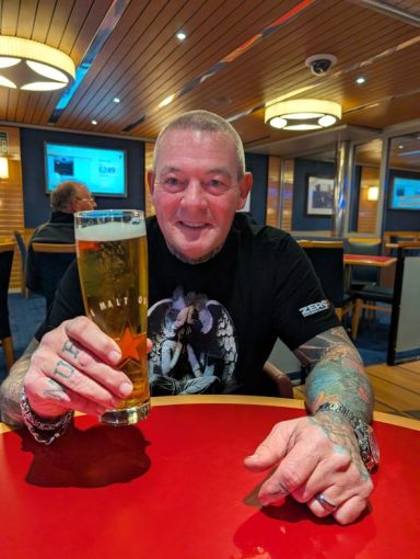 zero 13 enjoying a beverage on ferry to holland